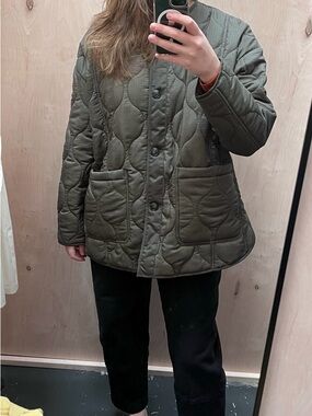 Olive Green Quilted Puffer Jacket with Patch Pockets